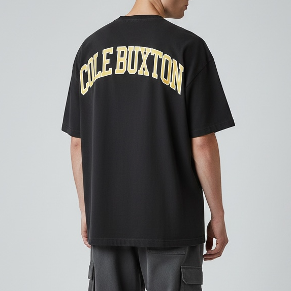 Cole Buxton Yellow Arc Tee vintage black apparel, showing the black T-shirt with yellow arc design on the front.