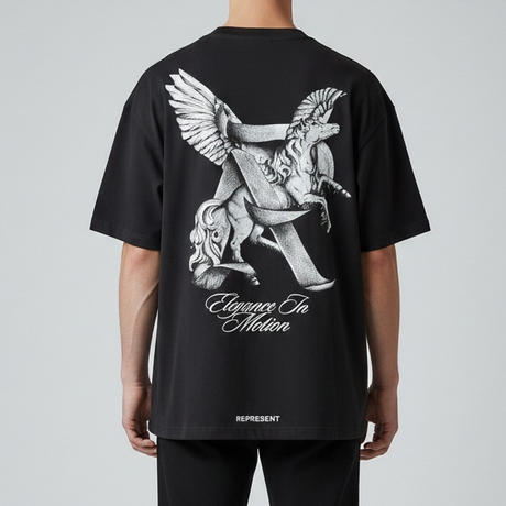 Black Represent Elegance In Motion Tee displayed on a mannequin, showcasing the stylish crewneck design and comfortable fit.