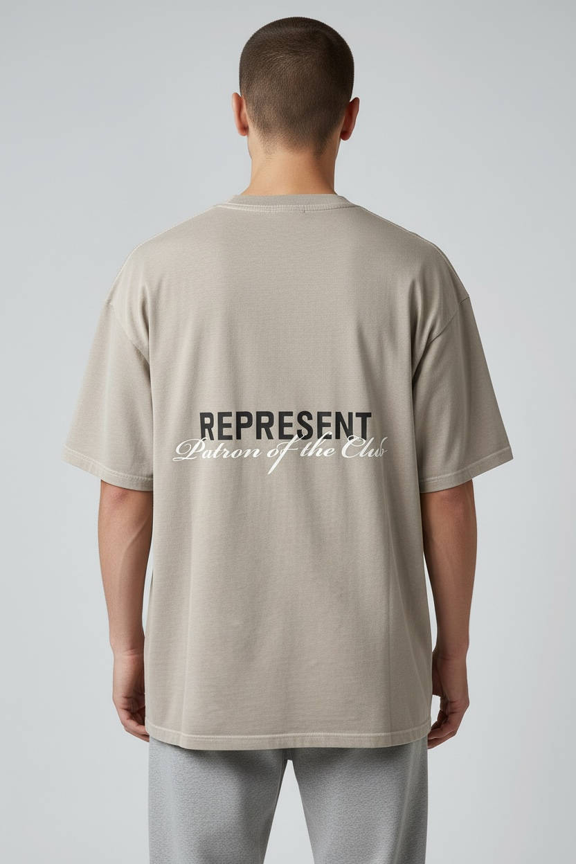 Represent Patron Of The Club Tee Mudstone, men's casual t-shirt in mudstone color with logo design, from the REPRESENT apparel collection.