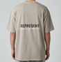 Represent Patron Of The Club Tee in Mudstone color, featuring a casual crewneck design and the brand's logo on the front.