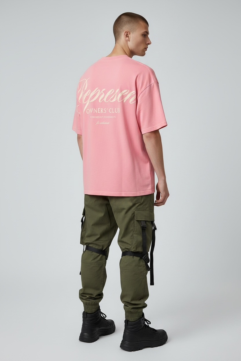 Pink Represent Owners Club Script T-shirt with printed logo design, casual fit, and soft fabric for comfortable wear.