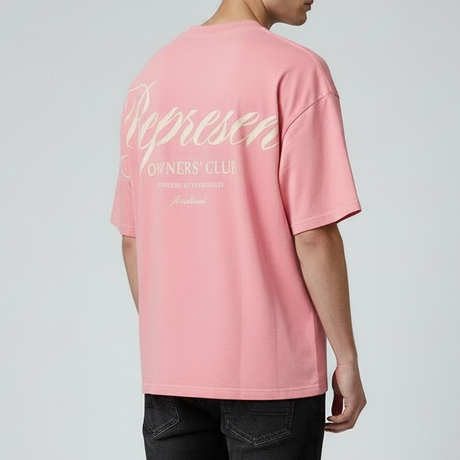 Pink Represent Owners Club Script T-shirt with logo and text, casual men's fashion tee from REPRESENT.