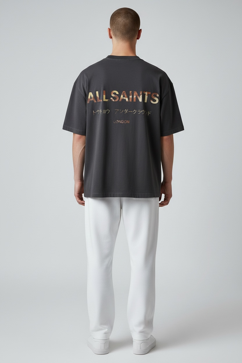 AllSaints Underground Logo Tee in Ashen Dakota Black, featuring a casual black T-shirt with the brand's logo on the front.