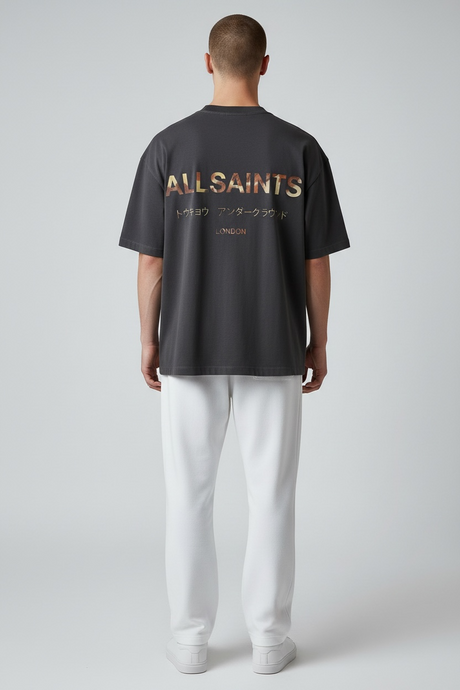 AllSaints Underground Logo T-shirt in Ashen Dakota Black, casual black tee with AllSaints branding and logo on front.