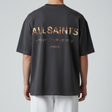 AllSaints Underground Logo Tee in Ashen Dakota Black, black cotton t-shirt with white logo print on the front.