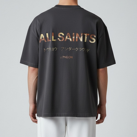AllSaints Underground Logo Tee in Ashen Dakota Black, featuring a black cotton t-shirt with white logo print and classic crew neck.