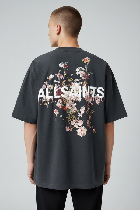 AllSaints Valen Tee in washed black, casual apparel image showing the soft cotton fabric and relaxed fit.