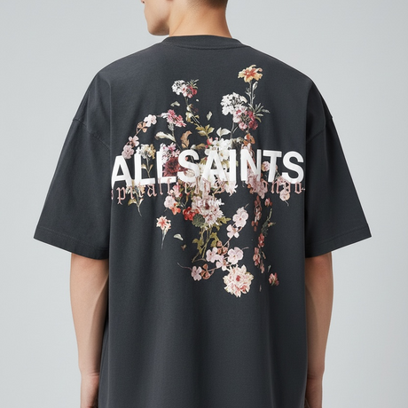 AllSaints Valen Tee in washed black, casual men's t-shirt with a relaxed fit and soft fabric, displayed on a hanger.
