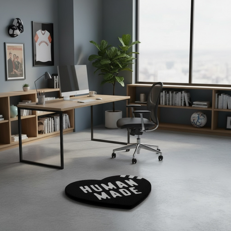 Black Human Made Heart Medium Rug showing a stylish heart design on a soft, textured fabric surface.
