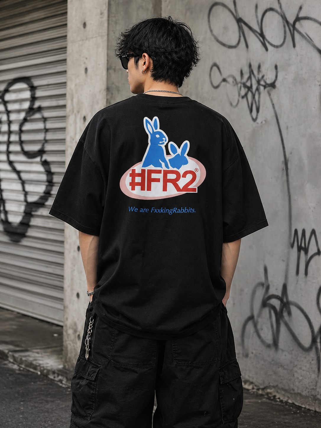 Black FR2 Water Rabbits T-shirt featuring a graphic print, casual apparel by #FR2, showcasing a stylish, everyday clothing option.