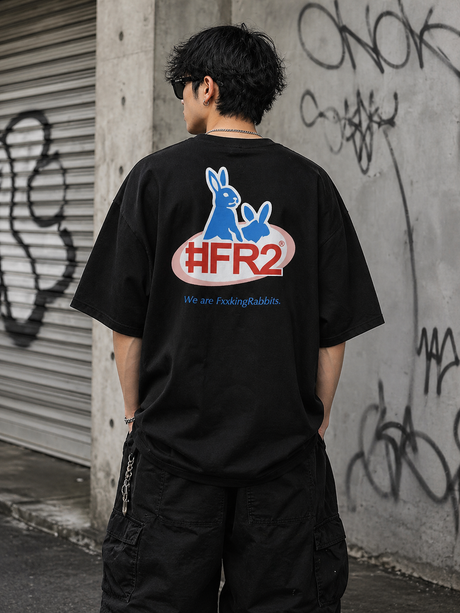 Black FR2 Water Rabbits T-shirt featuring a graphic print, casual apparel by #FR2, showcasing a stylish, everyday clothing option.