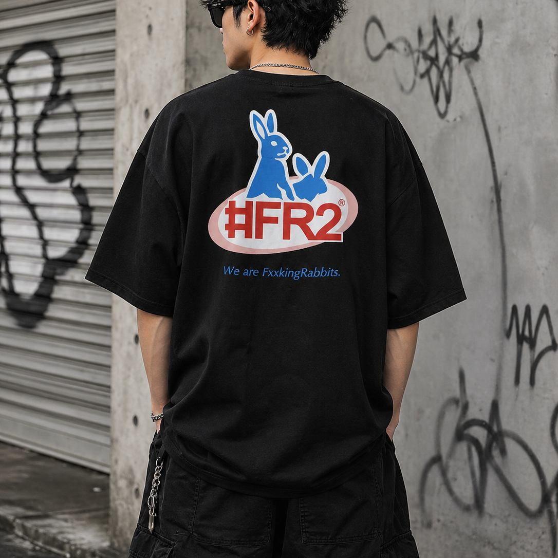 Black FR2 Water Rabbits T-shirt featuring a graphic design, casual apparel from the #FR2 brand, shown on a plain background.