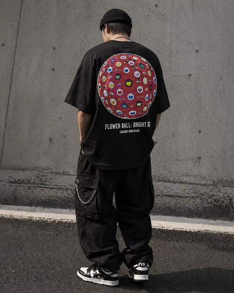 Takashi Murakami Bright Red Flower Ball Tee in black, casual apparel with graphic flower design, front view.