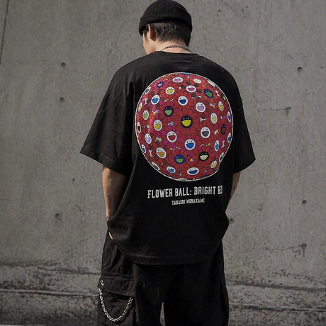 Takashi Murakami Bright Red Flower Ball Tee in black, featuring a colorful floral graphic on the front.