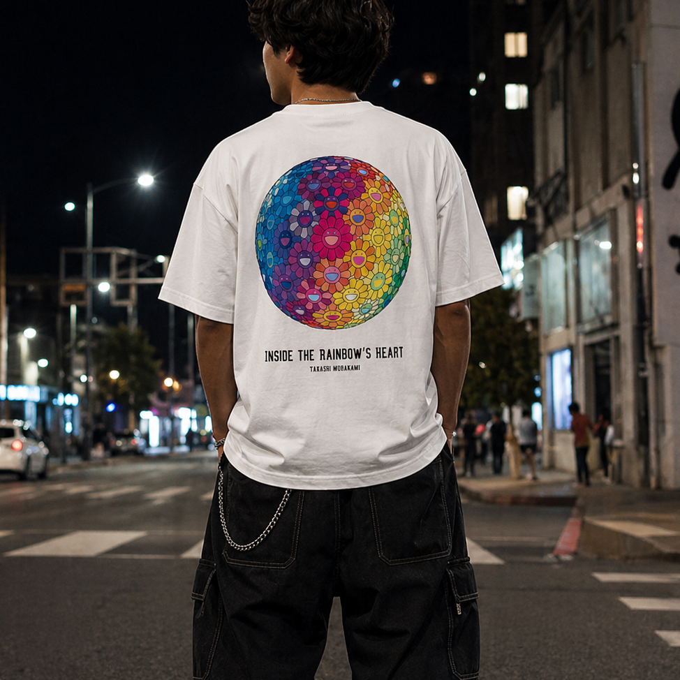 Takashi Murakami Flower Ball Rainbow Heart T-shirt in white, featuring colorful floral and heart graphic design.