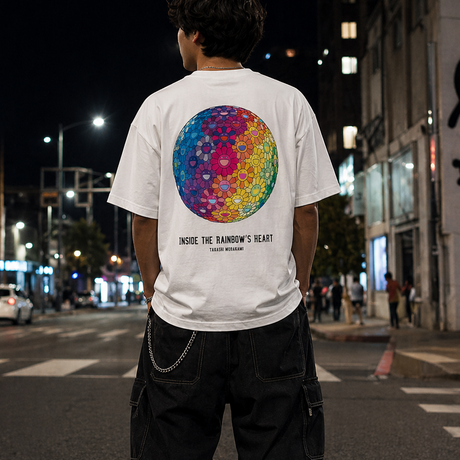 Takashi Murakami Flower Ball Rainbow Heart T-shirt in white, featuring colorful floral and heart graphic design.