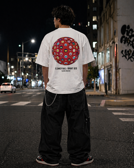 Takashi Murakami Bright Red Flower Ball Tee in white, casual apparel featuring a vibrant floral graphic design.