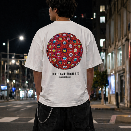 Takashi Murakami Bright Red Flower Ball Tee in white, featuring colorful floral graphic on front, casual apparel for fans of modern art.