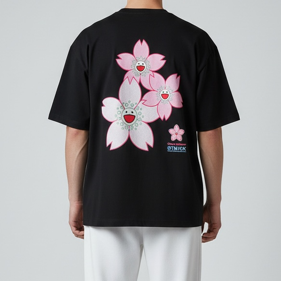 Takashi Murakami Sakura embroidered patch on black tee, showcasing vibrant floral design and detailed embroidery.