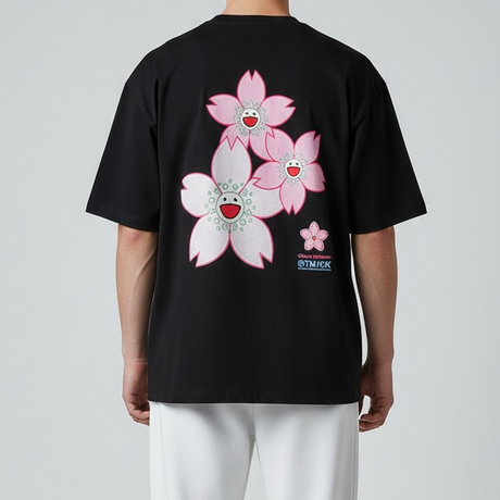 Takashi Murakami Sakura embroidered patch on black tee, showcasing vibrant floral design and detailed embroidery.