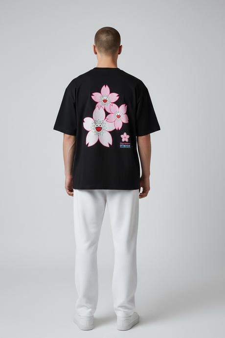 Takashi Murakami embroidered patch Sakura tee in black, featuring colorful floral design on front, casual streetwear style.
