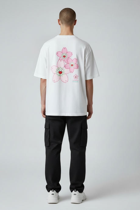 Takashi Murakami white embroidered patch Sakura flower T-shirt, casual apparel with colorful floral design and artistic details.