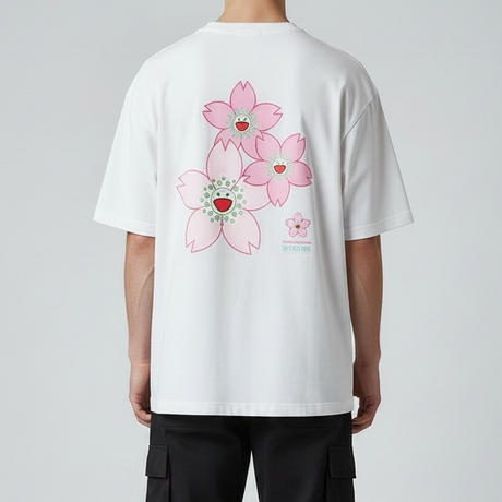 Takashi Murakami embroidered patch Sakura flower on a white tee, casual apparel featuring colorful floral artwork.