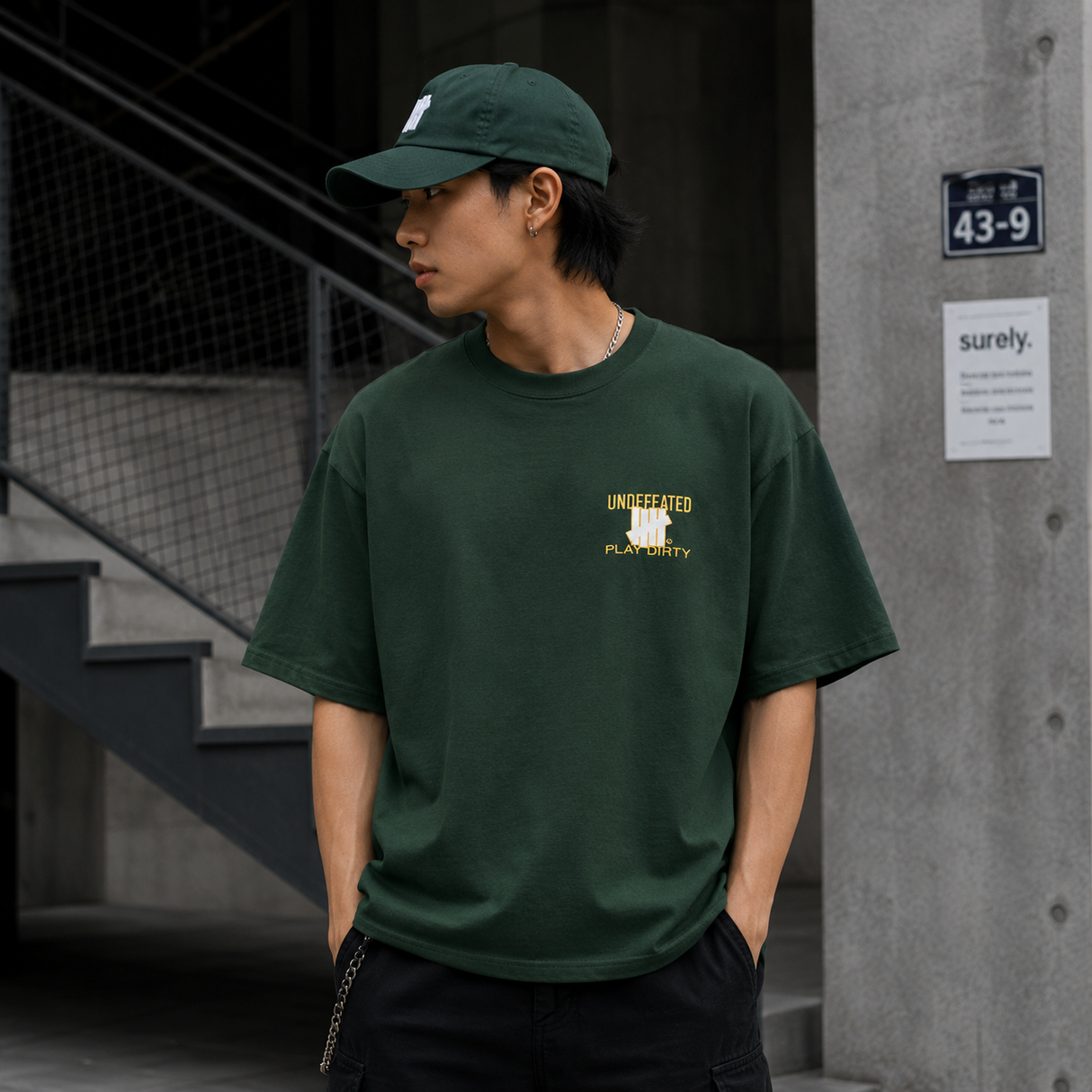 Forest green Undefeated Trademark Tee with logo graphic, casual cotton t-shirt, front view showing brand emblem and vibrant color