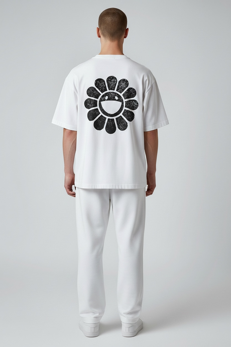 White Takashi Murakami Radio Flower T-shirt featuring colorful flower graphic, casual apparel made by Takashi Murakami.