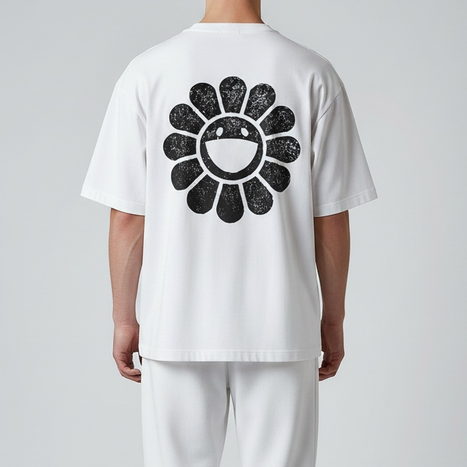 Takashi Murakami Radio Flower white T-shirt featuring colorful flower logo, casual apparel with vibrant, artistic design.