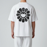 Takashi Murakami Radio Flower white T-shirt featuring colorful flower logo, casual apparel with vibrant, artistic design.
