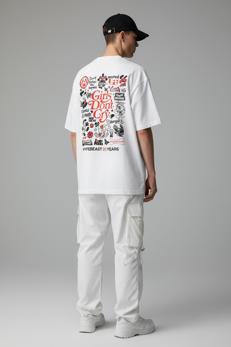 White Takashi Murakami Verdy X HB 20th Anniversary limited edition T-shirt with vibrant graphic design.