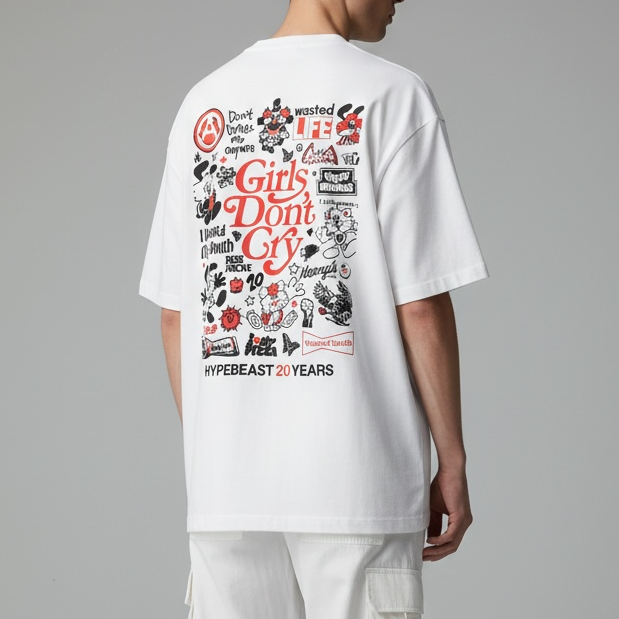 White limited edition VERDY X HB 20th Anniversary T-shirt by Takashi Murakami, featuring vibrant graphic design.
