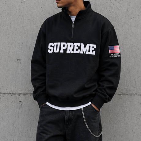 Black Supreme Half Zip Pullover from the United States Edition, showcasing the stylish design and premium fabric.
