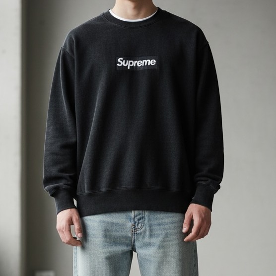 Allsaints Supreme box logo sweatshirt in washed black, casual apparel with a bold logo design and comfortable fit.