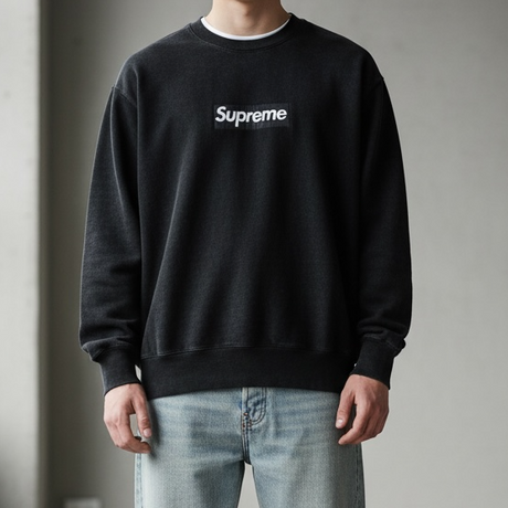 Allsaints Supreme box logo sweatshirt in washed black, casual apparel with a bold logo design and comfortable fit.
