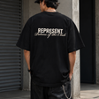 Black REPRESENT Patron of the Club Tee featuring a stylish graphic design on the front.