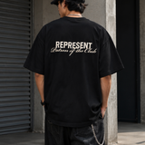Black REPRESENT Patron of the Club Tee featuring a stylish graphic design on the front.