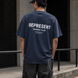 Black REPRESENT Owners Club Logo Tee shirt with white graphic design, casual fit, and round neckline.