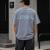 Represent Patron Of The Club grey T-shirt, casual apparel with graphic design, featuring the brand's logo on the front.