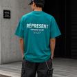 Teal Represent Owners Club Logo T-shirt featuring bold graphic design on front, casual streetwear style, final sale.
