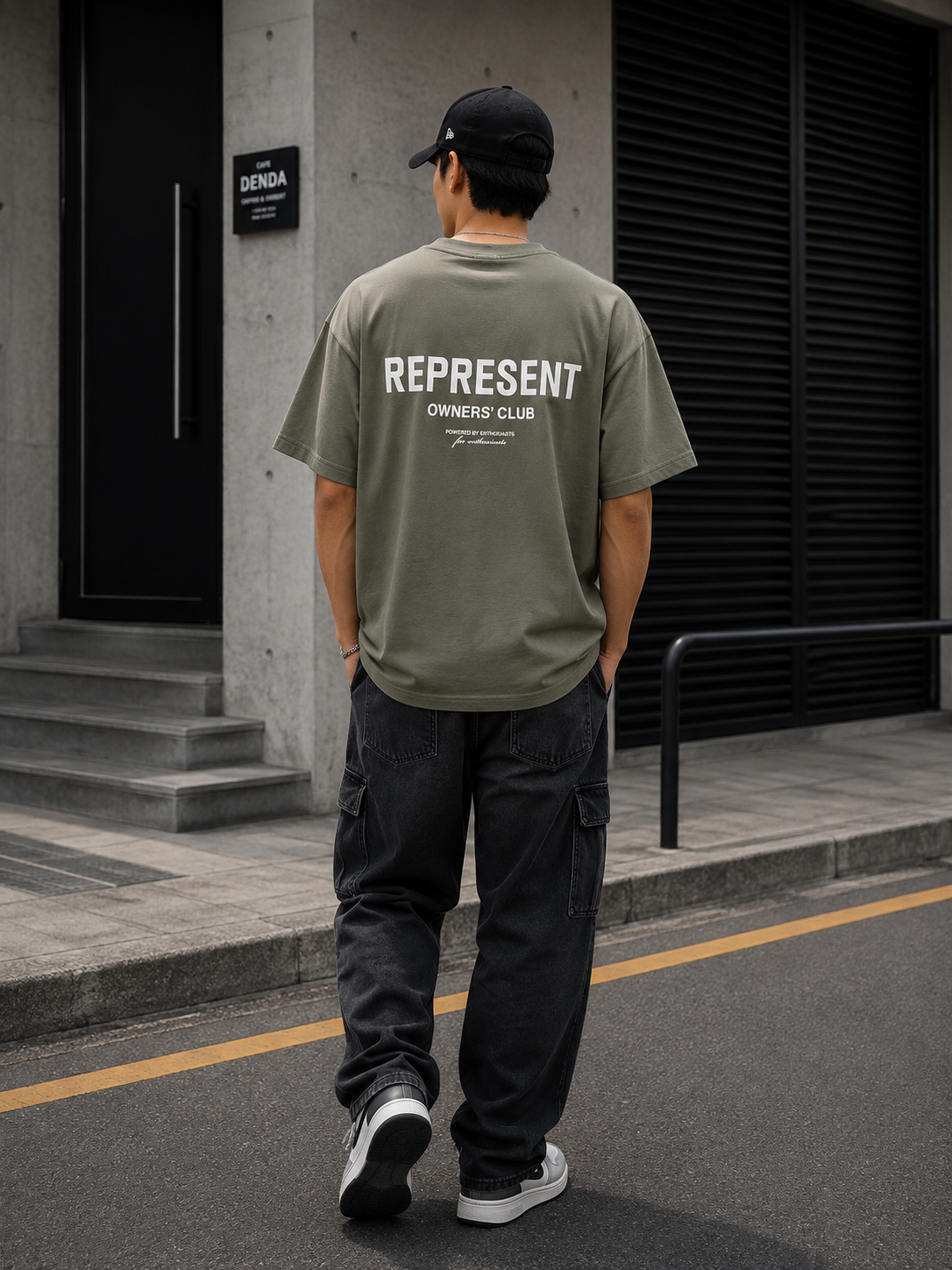Olive green REPRESENT Owners Club Logo Tee shirt with front graphic, casual fit, displayed flat on a white background.
