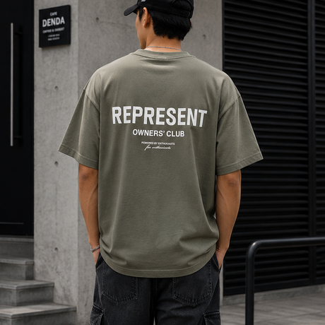 Represent Owners Club Logo Tee in olive, showcasing a casual men's T-shirt with a front logo design.