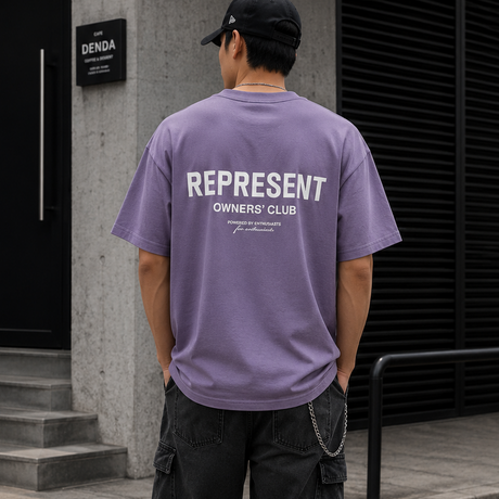 Violet Represent Owners Club Logo Tee featuring front chest and back graphic, casual short-sleeve cotton t-shirt for men.
