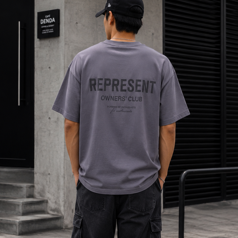Represent Owners Club Applique Logo Tee in storm color, featuring a stylish logo design on a casual T-shirt.