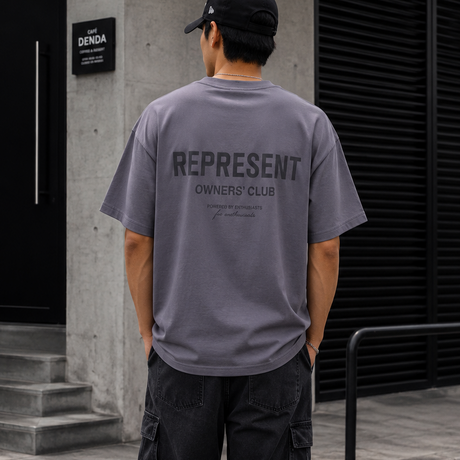 Represent Owners Club Applique Logo Tee in storm color, featuring a stylish logo design on a casual T-shirt.