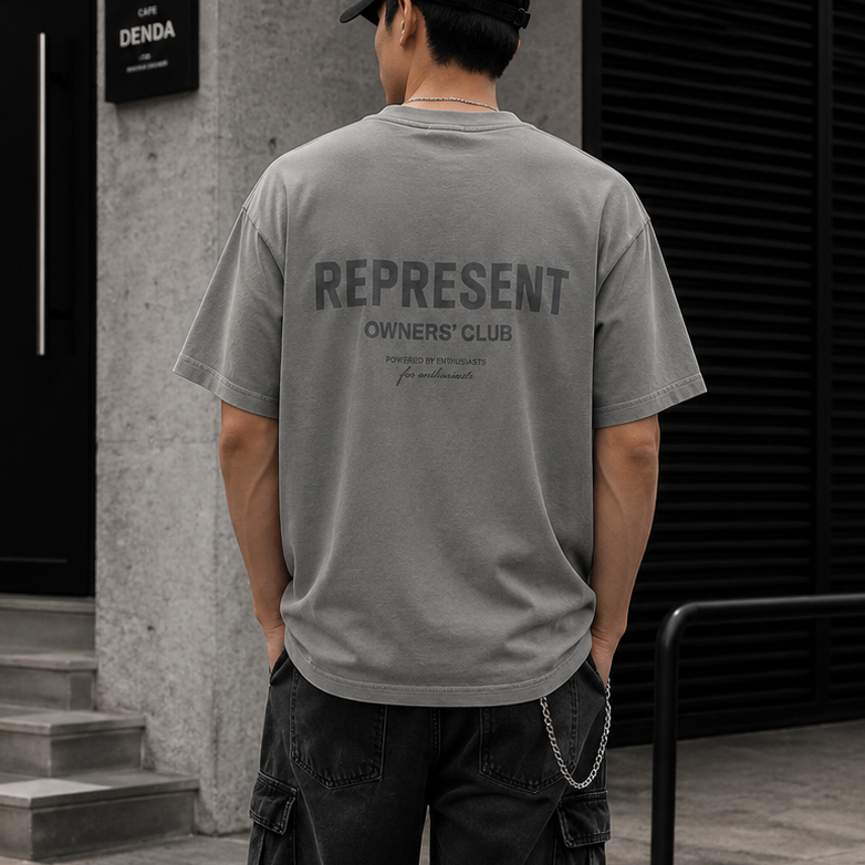 Represent Owners Club Logo Tee in ultimate grey with a front white logo print, casual crew neck t-shirt for streetwear style.