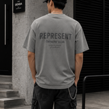 Represent Owners Club Logo Tee in ultimate grey with a front white logo print, casual crew neck t-shirt for streetwear style.