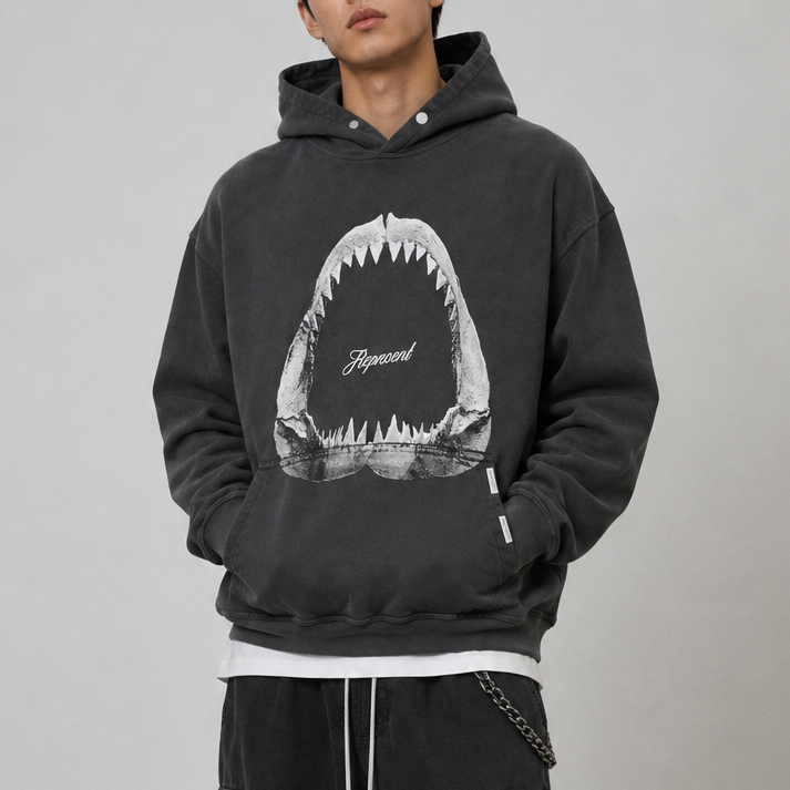 Represent Shark Jaws Hoodie Off Black, black hoodie with shark jaw graphic design, casual apparel for streetwear style.