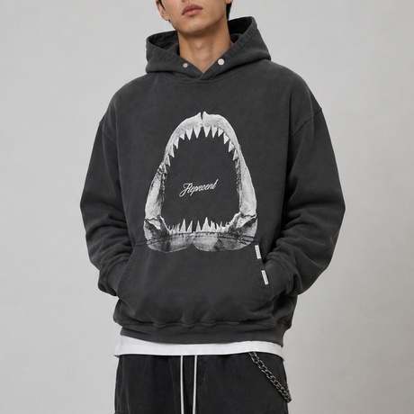 Represent Shark Jaws Hoodie Off Black, black hoodie with shark jaw graphic design, casual apparel for streetwear style.
